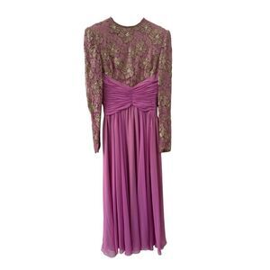Vintage Nolan Miller Chiffon Lace Sequin Bodice Evening Dress Purple Women's XS
